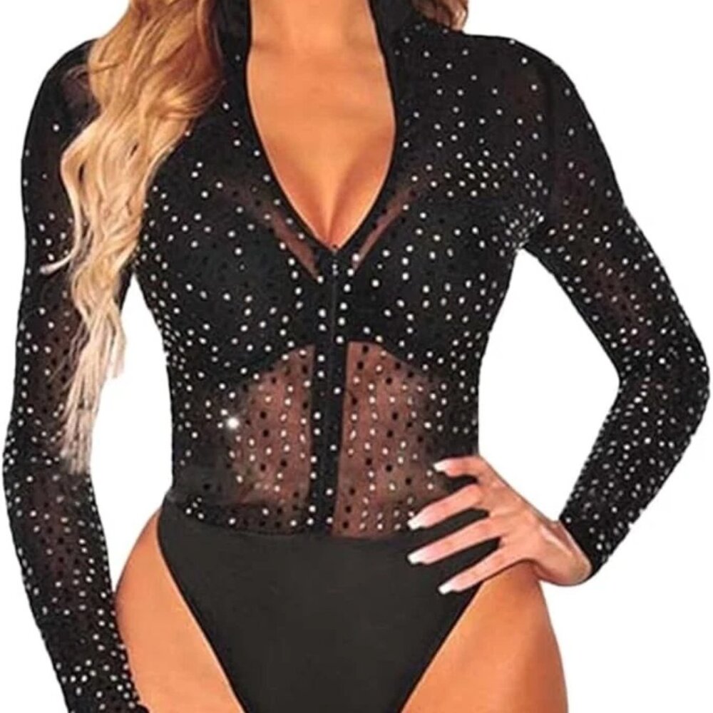 Rhinestone Studded Jumpsuit Sexy Zipper Front Bodysuit Top Long Sleeve Black XXL